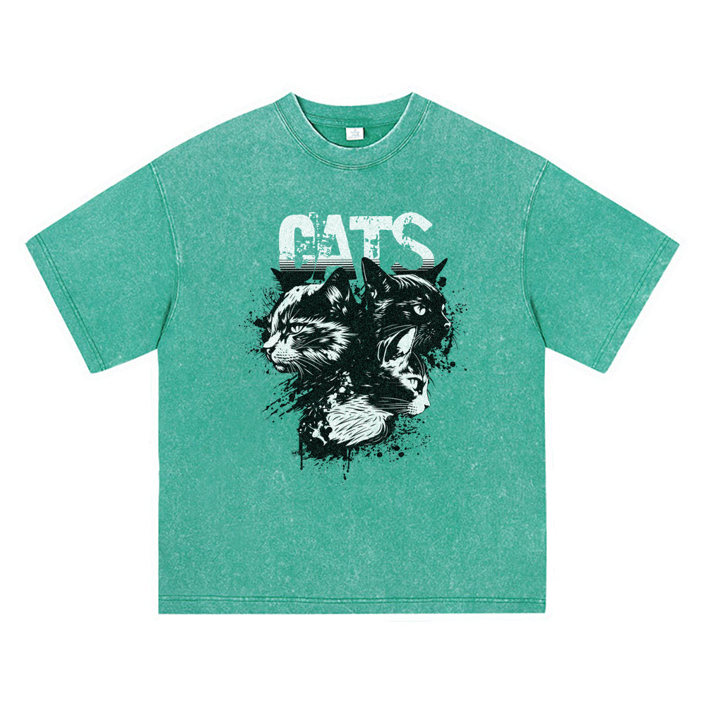 270GSM Heavy Cotton T-SHirt ACID Tees Washed Vintage T-Shirts Cats DTG Print TShirts