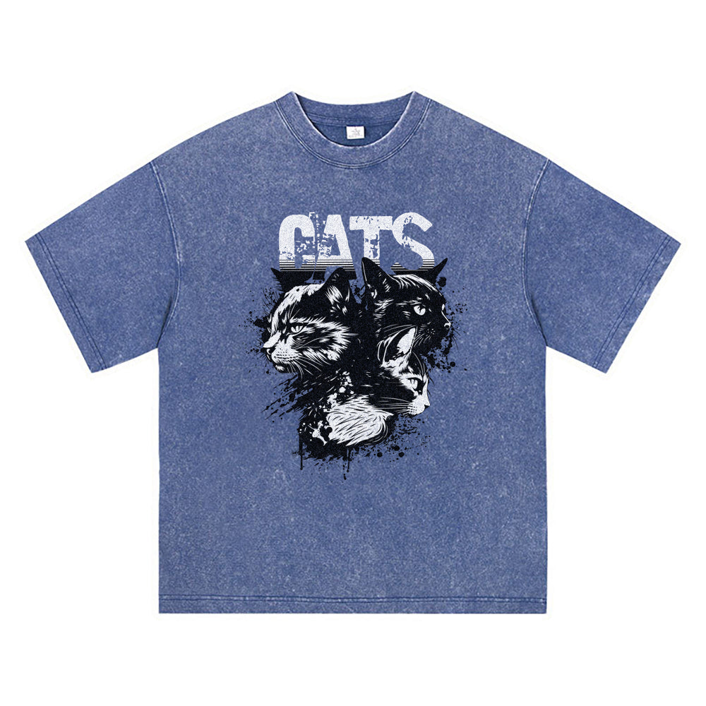 270GSM Heavy Cotton T-SHirt ACID Tees Washed Vintage T-Shirts Cats DTG Print TShirts