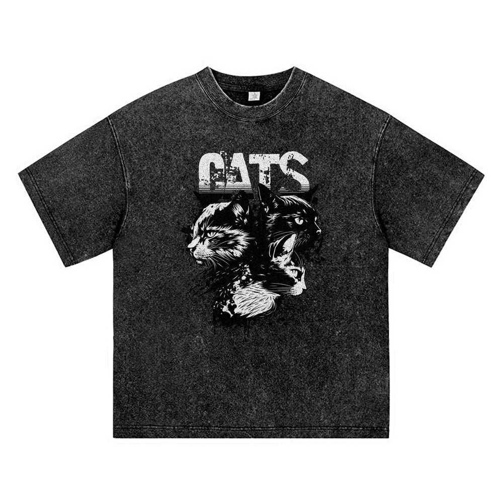 270GSM Heavy Cotton T-SHirt ACID Tees Washed Vintage T-Shirts Cats DTG Print TShirts