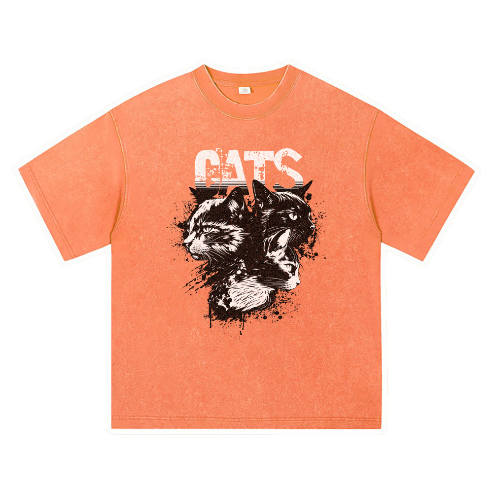 270GSM Heavy Cotton T-SHirt ACID Tees Washed Vintage T-Shirts Cats DTG Print TShirts