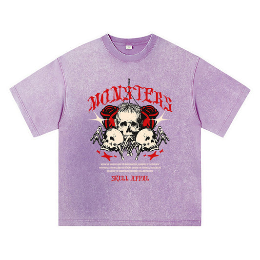 270GSM Heavy Cotton T-SHirt ACID Tees Washed Vintage T-Shirts Skull Monsters DTG Print TShirts