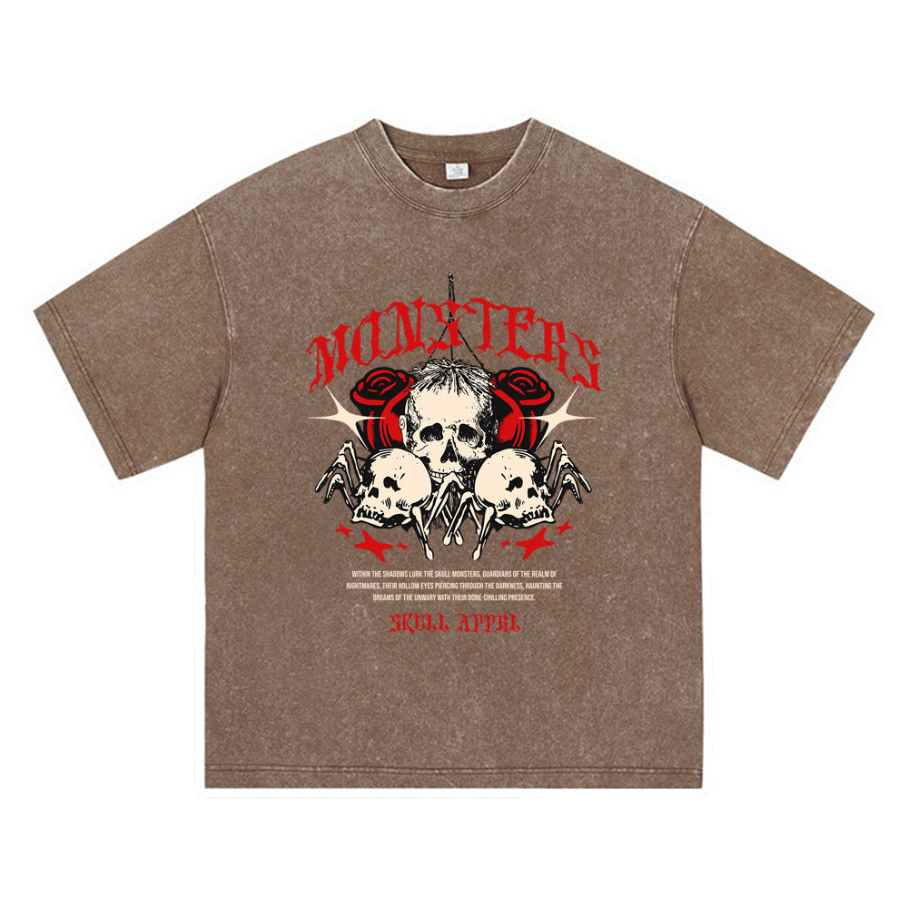 270GSM Heavy Cotton T-SHirt ACID Tees Washed Vintage T-Shirts Skull Monsters DTG Print TShirts