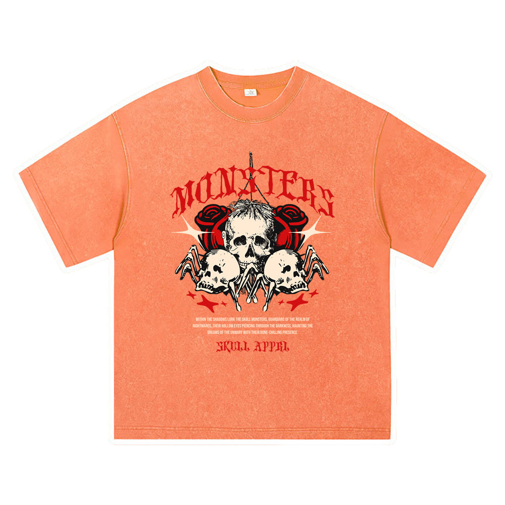 270GSM Heavy Cotton T-SHirt ACID Tees Washed Vintage T-Shirts Skull Monsters DTG Print TShirts