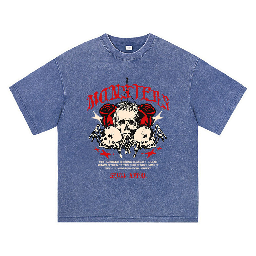 270GSM Heavy Cotton T-SHirt ACID Tees Washed Vintage T-Shirts Skull Monsters DTG Print TShirts