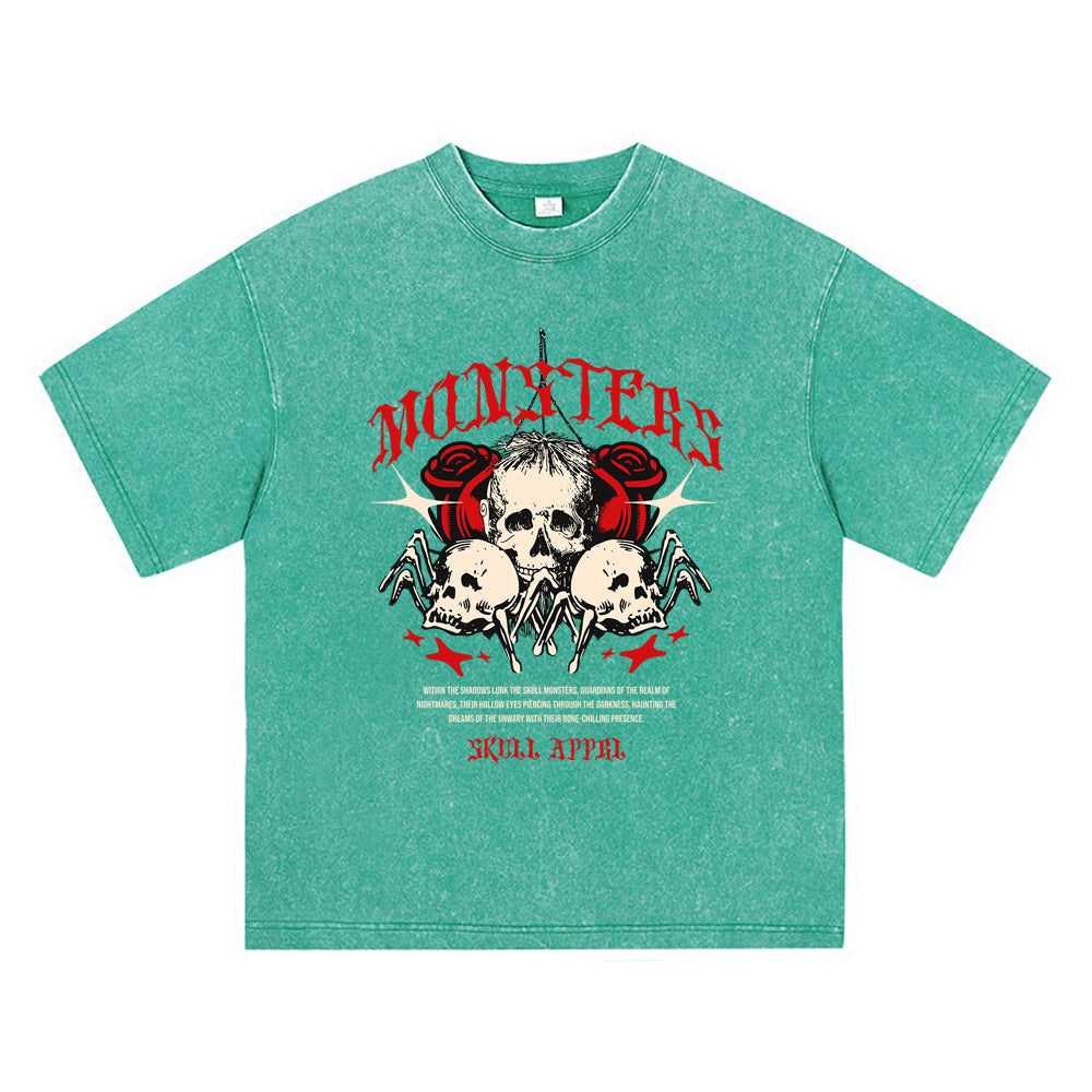 270GSM Heavy Cotton T-SHirt ACID Tees Washed Vintage T-Shirts Skull Monsters DTG Print TShirts