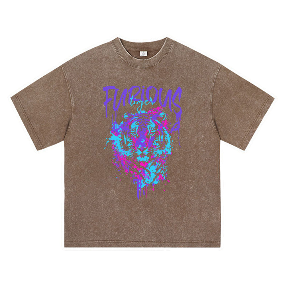 270GSM Heavy Cotton T-SHirt ACID Tees Washed Vintage T-Shirts Furious Tiger DTG Print TShirts