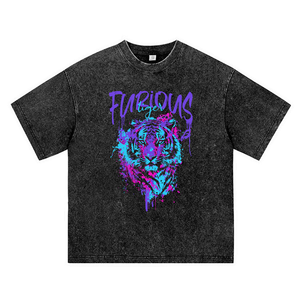 270GSM Heavy Cotton T-SHirt ACID Tees Washed Vintage T-Shirts Furious Tiger DTG Print TShirts