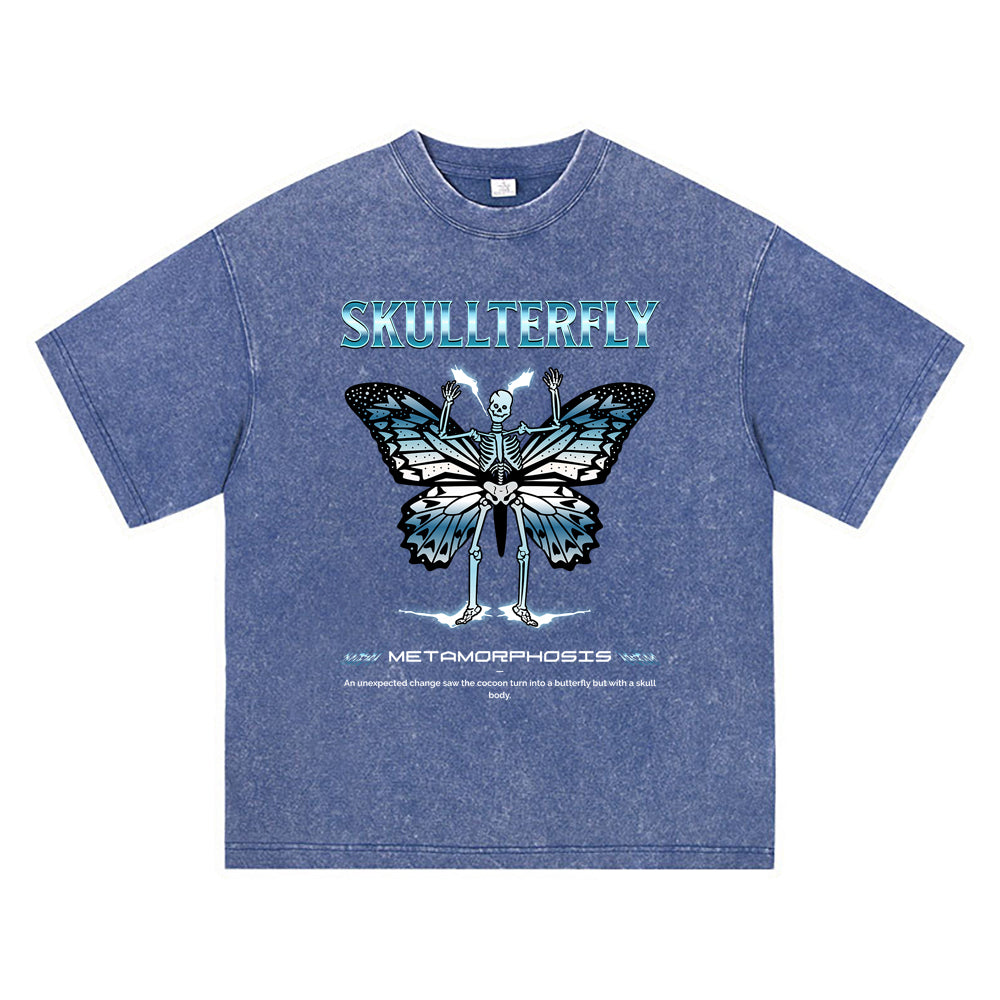 270GSM Heavy Cotton T-SHirt ACID Tees Washed Vintage T-Shirts Skullterfly DTG Print TShirts