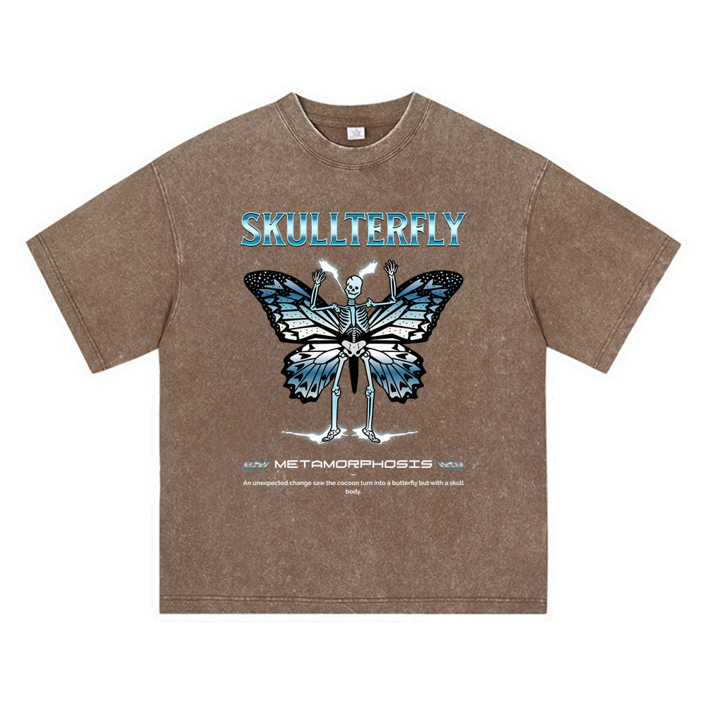 270GSM Heavy Cotton T-SHirt ACID Tees Washed Vintage T-Shirts Skullterfly DTG Print TShirts