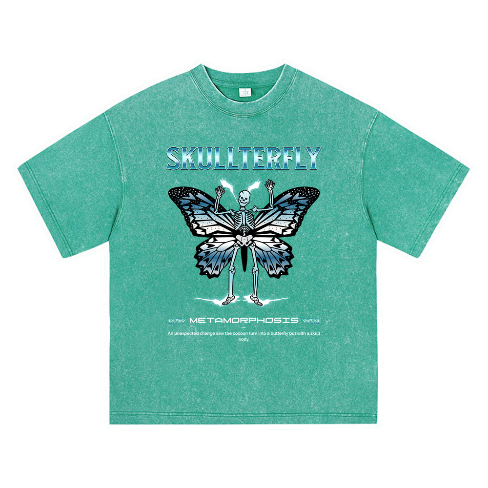 270GSM Heavy Cotton T-SHirt ACID Tees Washed Vintage T-Shirts Skullterfly DTG Print TShirts