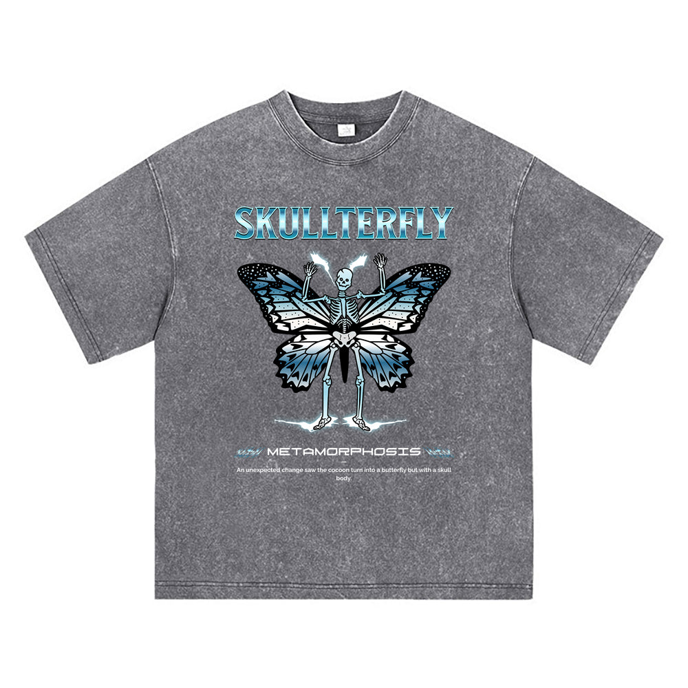 270GSM Heavy Cotton T-SHirt ACID Tees Washed Vintage T-Shirts Skullterfly DTG Print TShirts