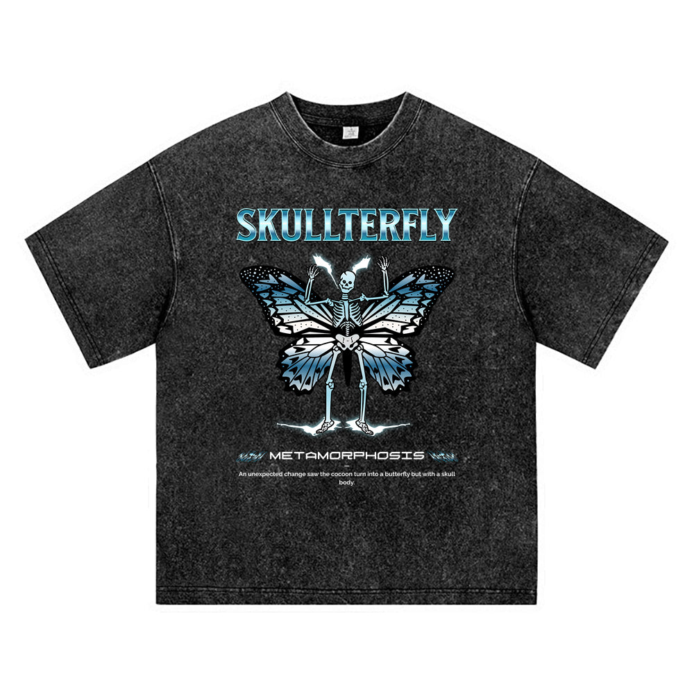 270GSM Heavy Cotton T-SHirt ACID Tees Washed Vintage T-Shirts Skullterfly DTG Print TShirts