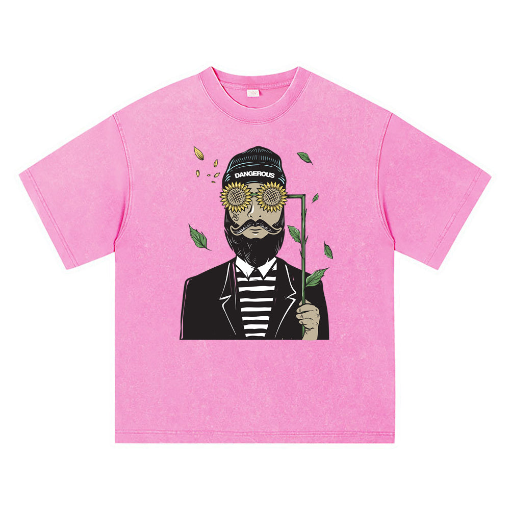 270GSM Heavy Cotton T-SHirt ACID Tees Washed Vintage T-Shirts Bearded Man Using Sun Flower Glasses DTG Print TShirts