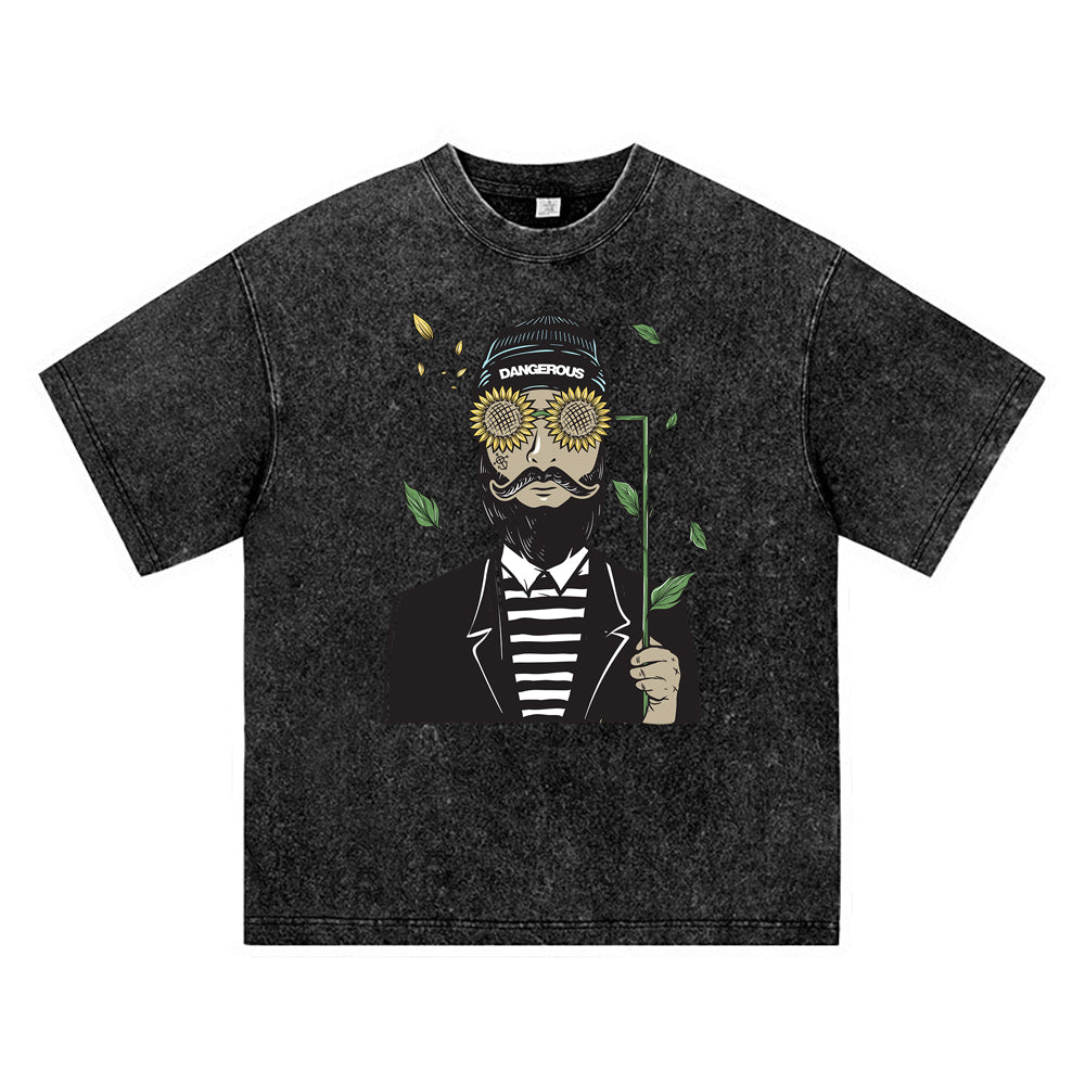 270GSM Heavy Cotton T-SHirt ACID Tees Washed Vintage T-Shirts Bearded Man Using Sun Flower Glasses DTG Print TShirts