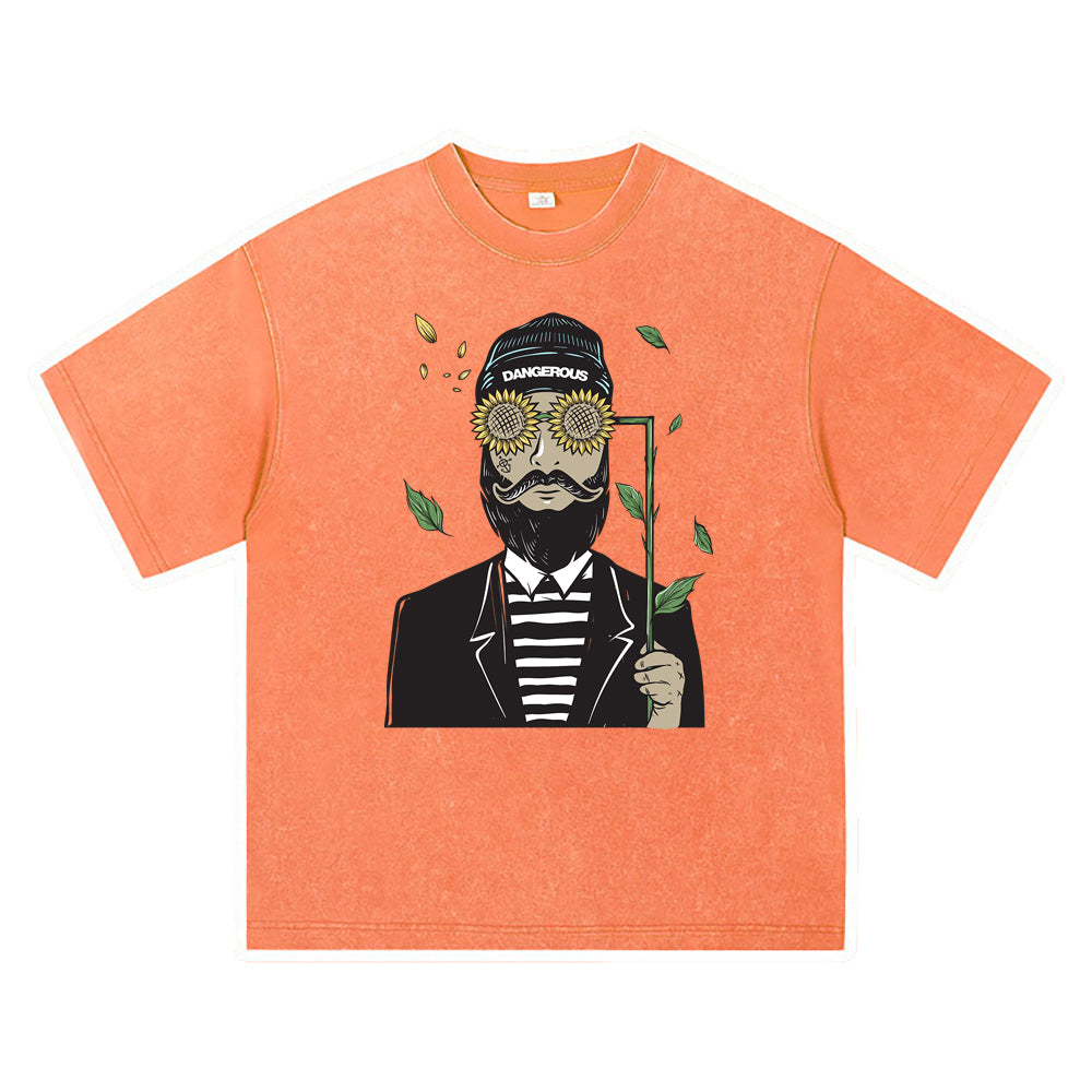 270GSM Heavy Cotton T-SHirt ACID Tees Washed Vintage T-Shirts Bearded Man Using Sun Flower Glasses DTG Print TShirts