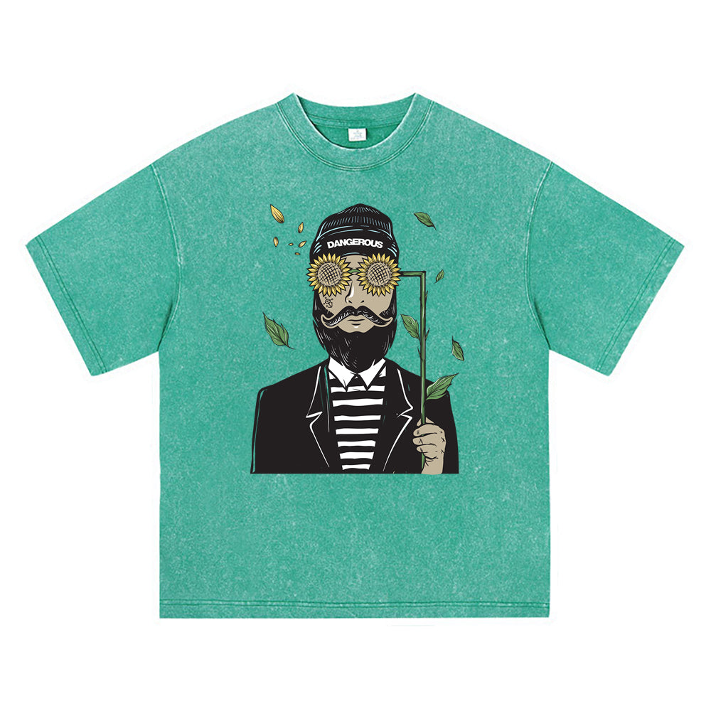 270GSM Heavy Cotton T-SHirt ACID Tees Washed Vintage T-Shirts Bearded Man Using Sun Flower Glasses DTG Print TShirts