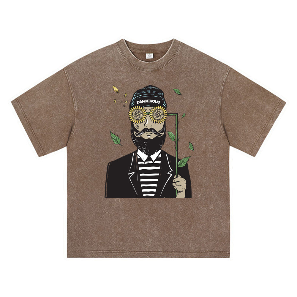 270GSM Heavy Cotton T-SHirt ACID Tees Washed Vintage T-Shirts Bearded Man Using Sun Flower Glasses DTG Print TShirts