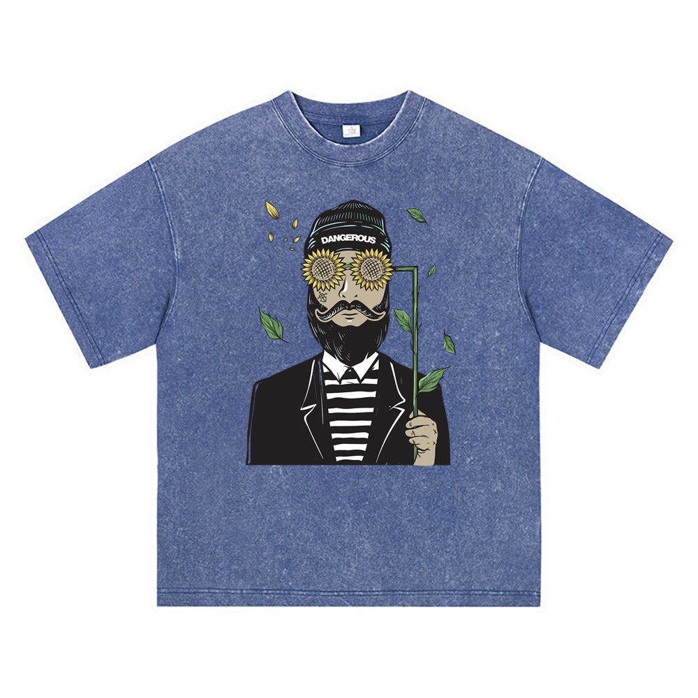 270GSM Heavy Cotton T-SHirt ACID Tees Washed Vintage T-Shirts Bearded Man Using Sun Flower Glasses DTG Print TShirts