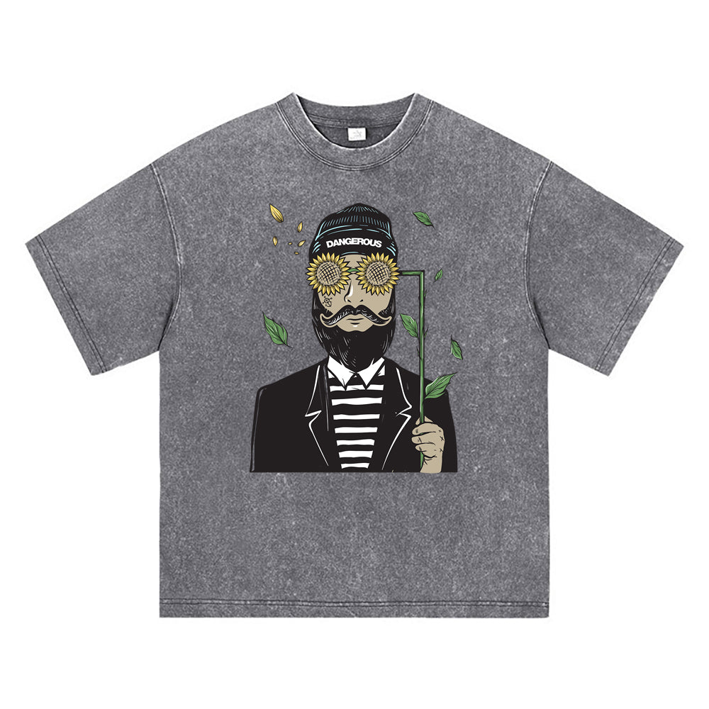 270GSM Heavy Cotton T-SHirt ACID Tees Washed Vintage T-Shirts Bearded Man Using Sun Flower Glasses DTG Print TShirts