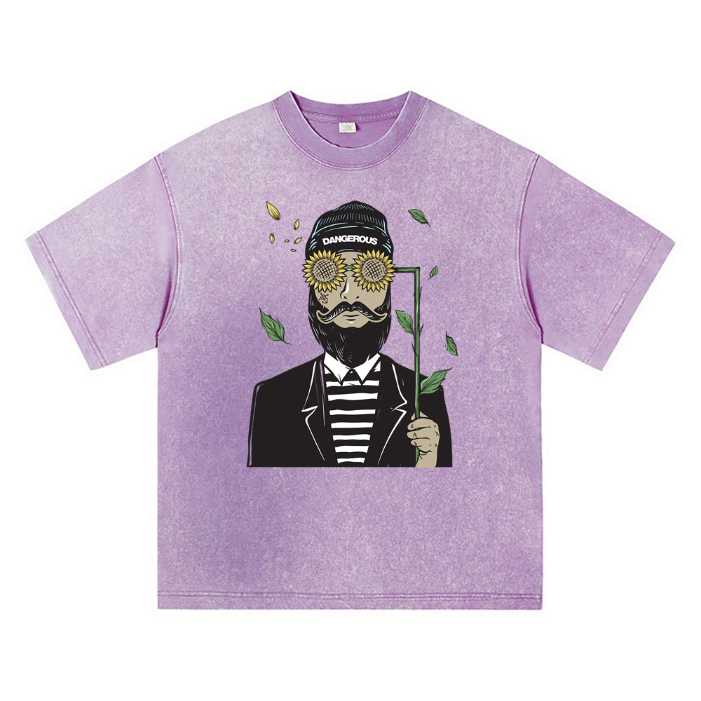 270GSM Heavy Cotton T-SHirt ACID Tees Washed Vintage T-Shirts Bearded Man Using Sun Flower Glasses DTG Print TShirts