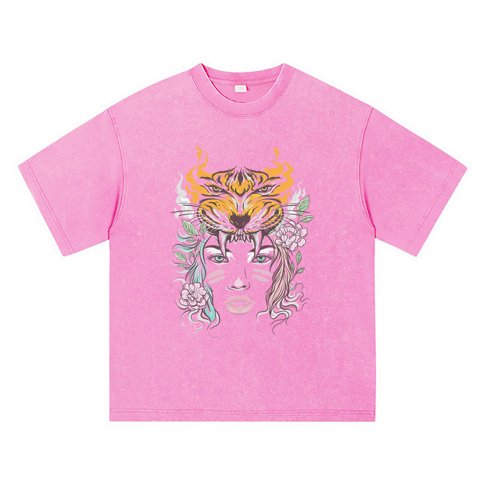 270GSM Heavy Cotton T-SHirt ACID Tees Washed Vintage T-Shirts Beautiful Woman Face With Tiger Head DTG Print TShirts