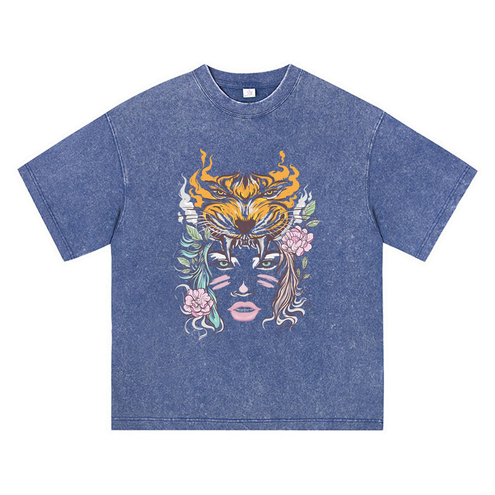 270GSM Heavy Cotton T-SHirt ACID Tees Washed Vintage T-Shirts Beautiful Woman Face With Tiger Head DTG Print TShirts