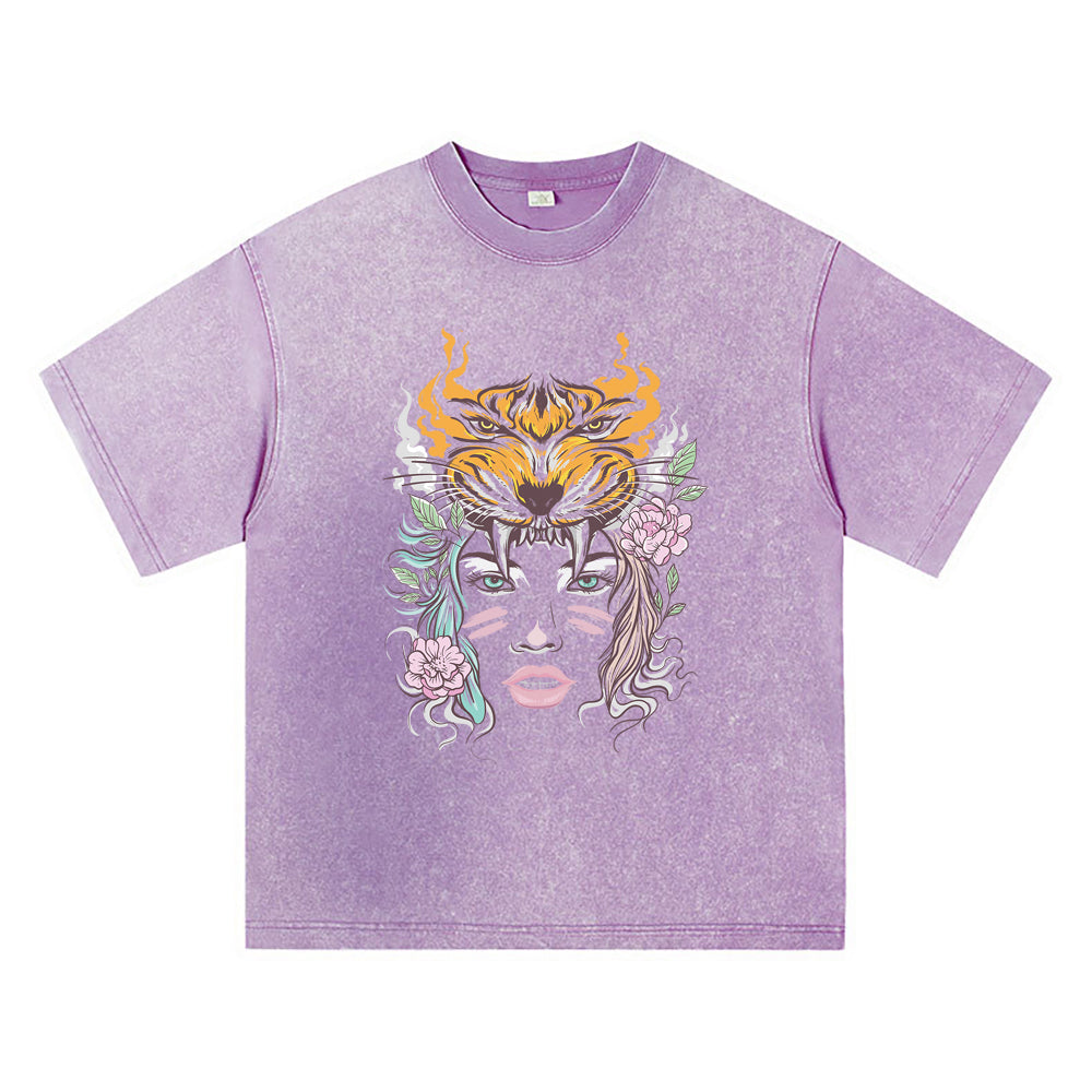 270GSM Heavy Cotton T-SHirt ACID Tees Washed Vintage T-Shirts Beautiful Woman Face With Tiger Head DTG Print TShirts