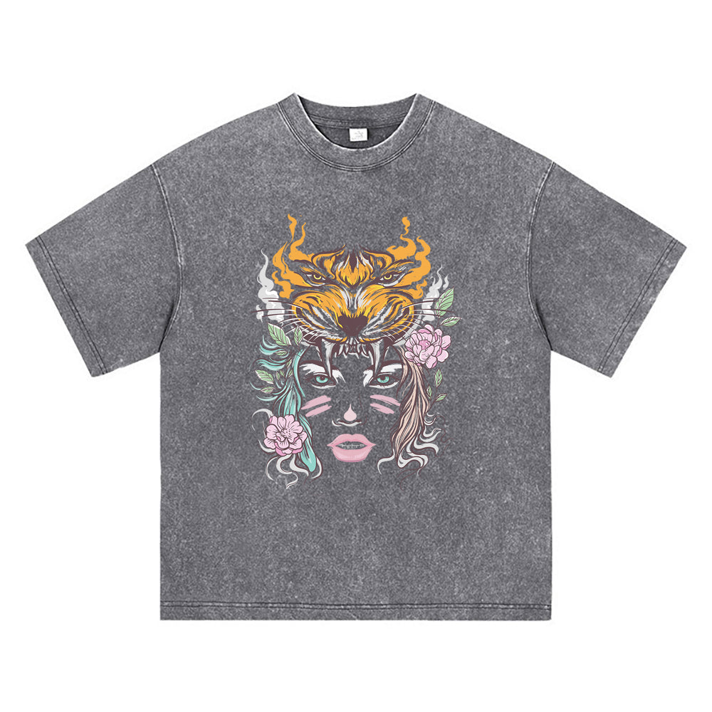 270GSM Heavy Cotton T-SHirt ACID Tees Washed Vintage T-Shirts Beautiful Woman Face With Tiger Head DTG Print TShirts