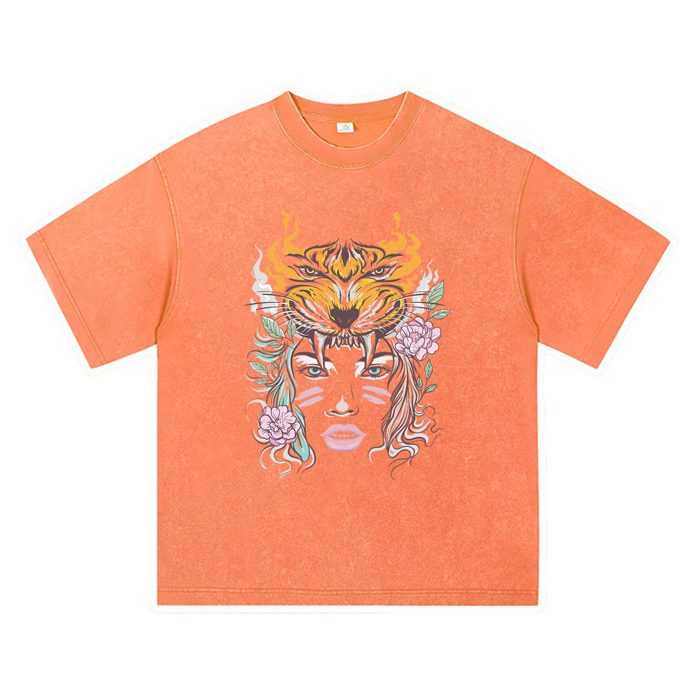 270GSM Heavy Cotton T-SHirt ACID Tees Washed Vintage T-Shirts Beautiful Woman Face With Tiger Head DTG Print TShirts