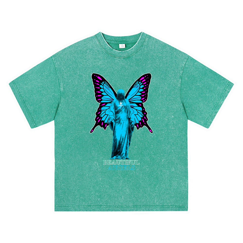 270GSM Heavy Cotton T-SHirt ACID Tees Washed Vintage T-Shirts Beautiful Angels DTG Print TShirts