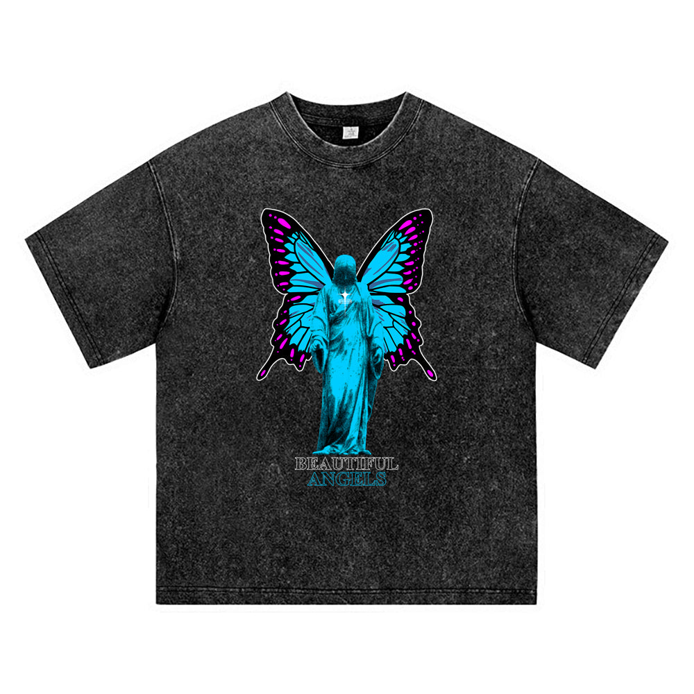 270GSM Heavy Cotton T-SHirt ACID Tees Washed Vintage T-Shirts Beautiful Angels DTG Print TShirts