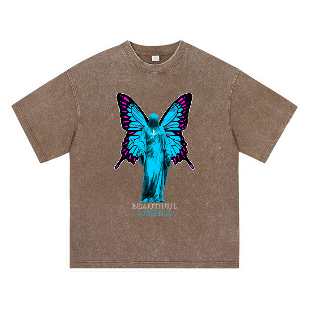 270GSM Heavy Cotton T-SHirt ACID Tees Washed Vintage T-Shirts Beautiful Angels DTG Print TShirts