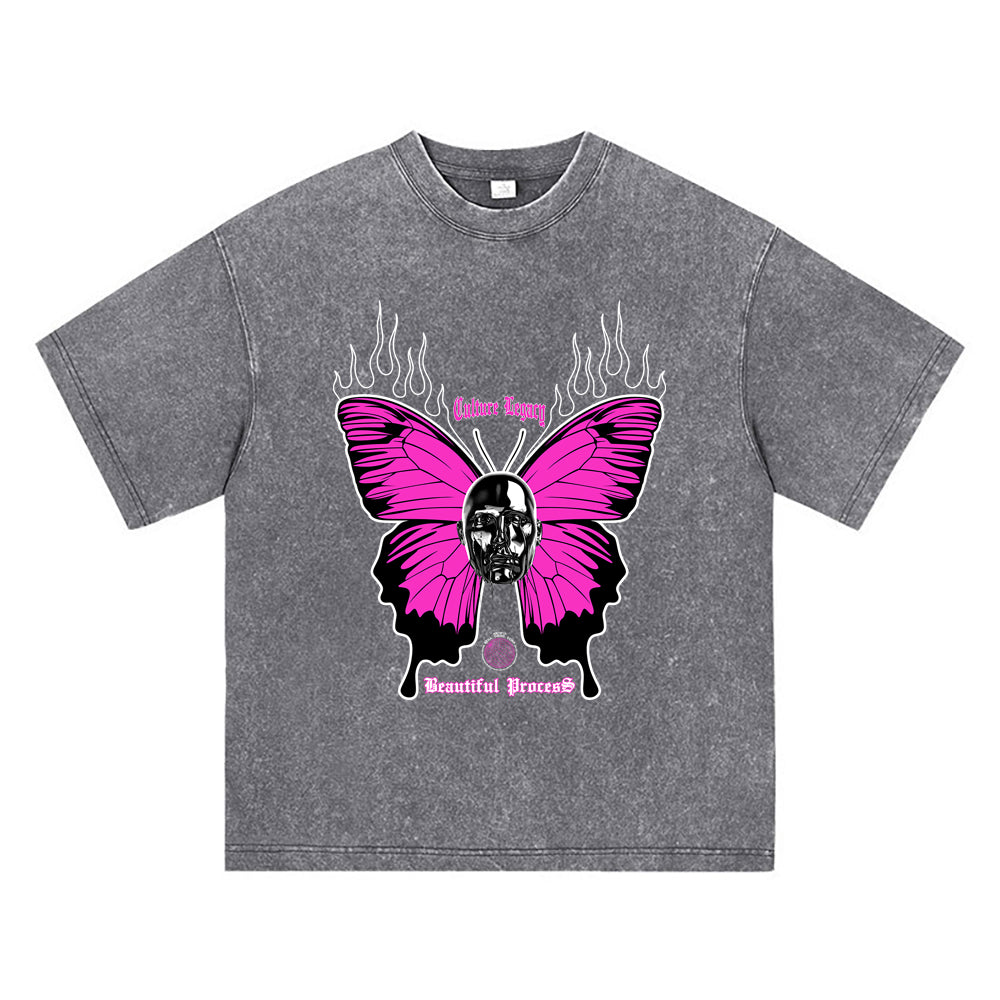 270GSM Heavy Cotton T-SHirt ACID Tees Washed Vintage T-Shirts Beautiful Process Butterfly DTG Print TShirts