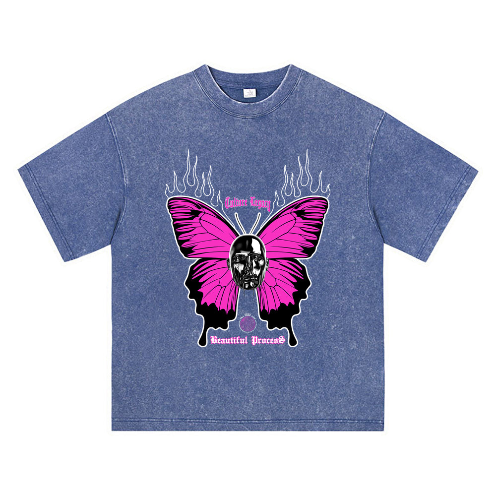 270GSM Heavy Cotton T-SHirt ACID Tees Washed Vintage T-Shirts Beautiful Process Butterfly DTG Print TShirts