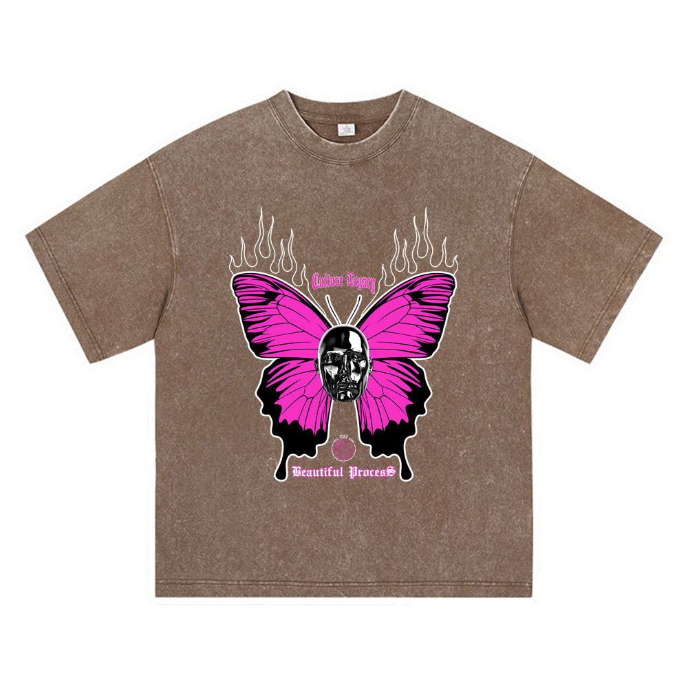 270GSM Heavy Cotton T-SHirt ACID Tees Washed Vintage T-Shirts Beautiful Process Butterfly DTG Print TShirts