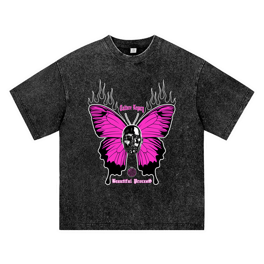 270GSM Heavy Cotton T-SHirt ACID Tees Washed Vintage T-Shirts Beautiful Process Butterfly DTG Print TShirts