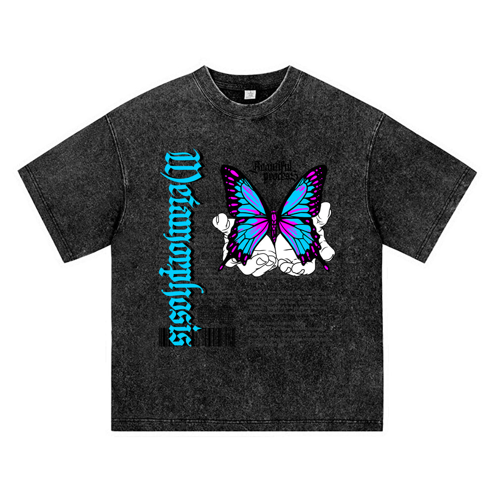 270GSM Heavy Cotton T-SHirt ACID Tees Washed Vintage T-Shirts Beautiful Process Butterfly DTG Print TShirts