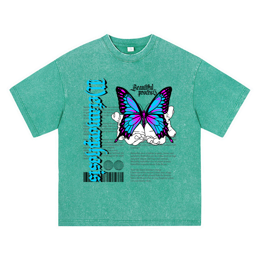 270GSM Heavy Cotton T-SHirt ACID Tees Washed Vintage T-Shirts Beautiful Process Butterfly DTG Print TShirts