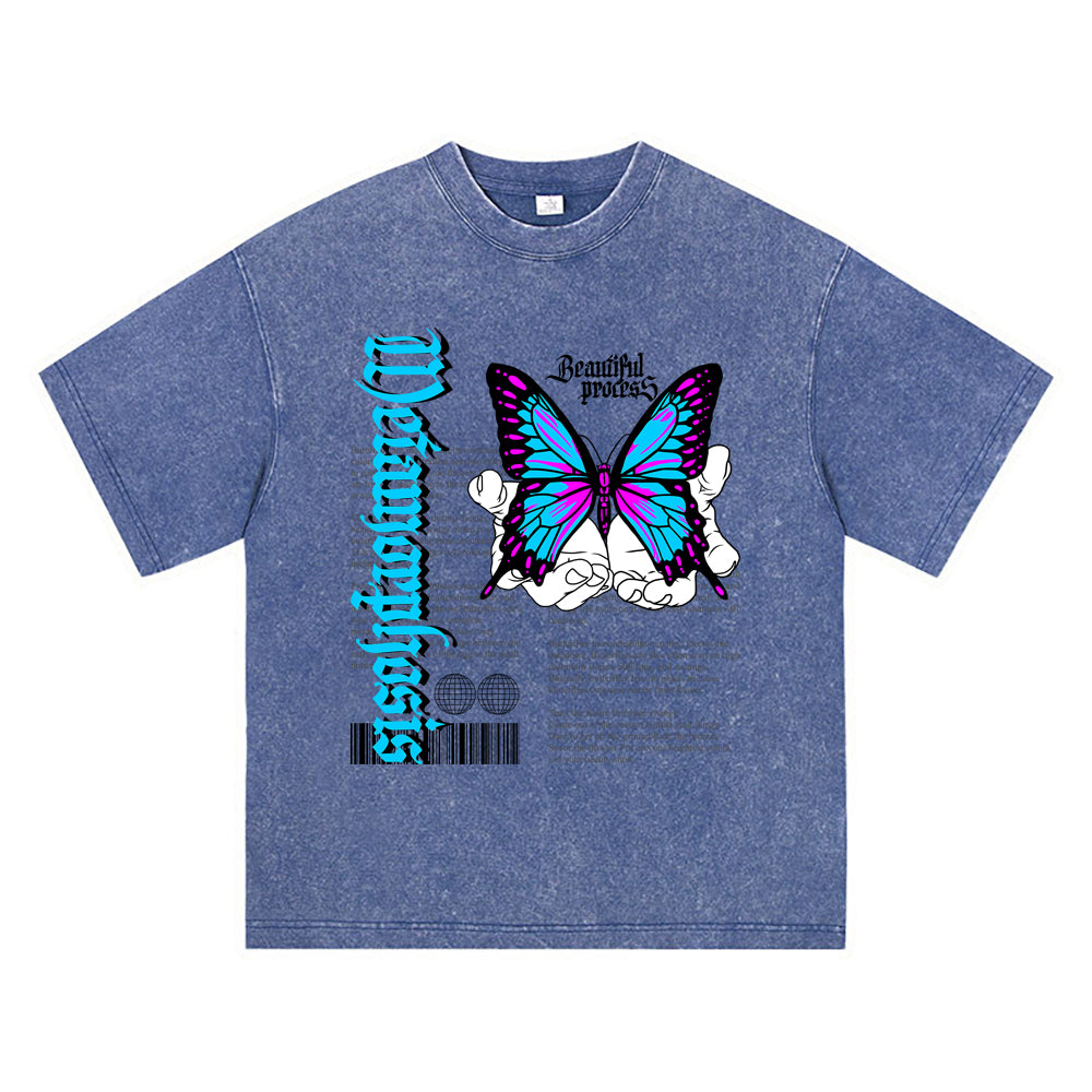 270GSM Heavy Cotton T-SHirt ACID Tees Washed Vintage T-Shirts Beautiful Process Butterfly DTG Print TShirts