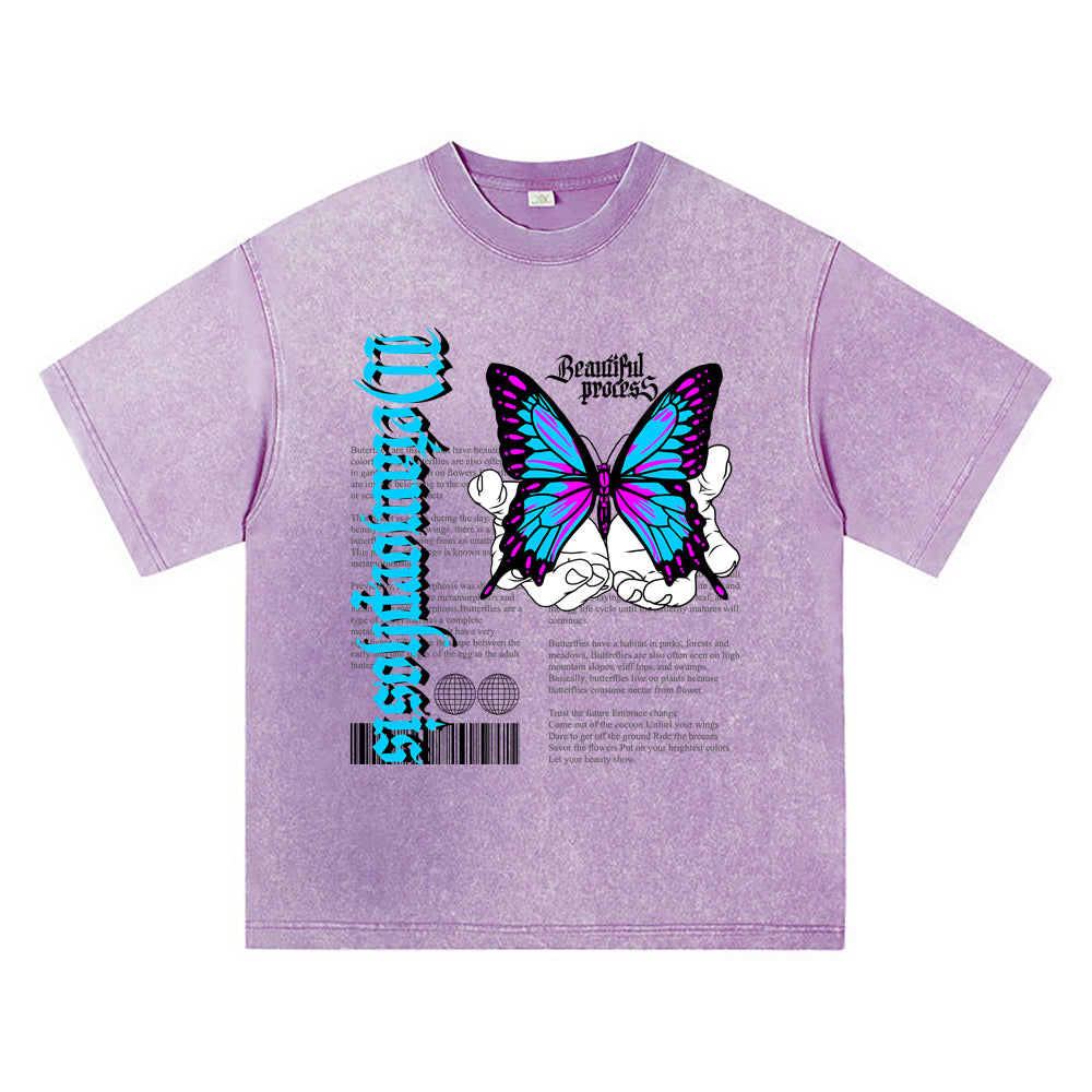 270GSM Heavy Cotton T-SHirt ACID Tees Washed Vintage T-Shirts Beautiful Process Butterfly DTG Print TShirts