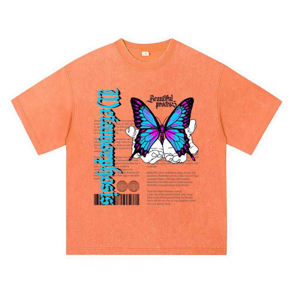 270GSM Heavy Cotton T-SHirt ACID Tees Washed Vintage T-Shirts Beautiful Process Butterfly DTG Print TShirts