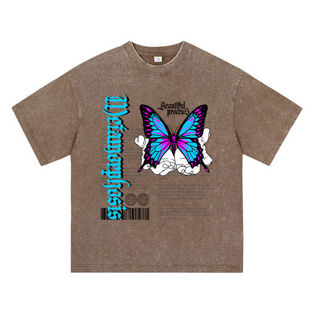 270GSM Heavy Cotton T-SHirt ACID Tees Washed Vintage T-Shirts Beautiful Process Butterfly DTG Print TShirts