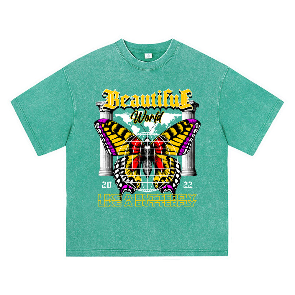 270GSM Heavy Cotton T-SHirt ACID Tees Washed Vintage T-Shirts Beautiful World Like A Butterfly DTG Print TShirts