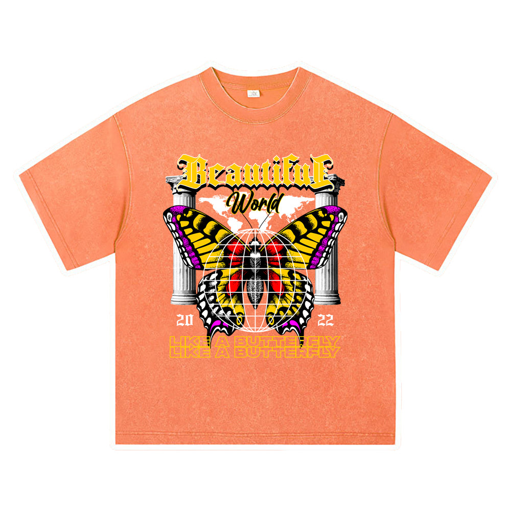 270GSM Heavy Cotton T-SHirt ACID Tees Washed Vintage T-Shirts Beautiful World Like A Butterfly DTG Print TShirts