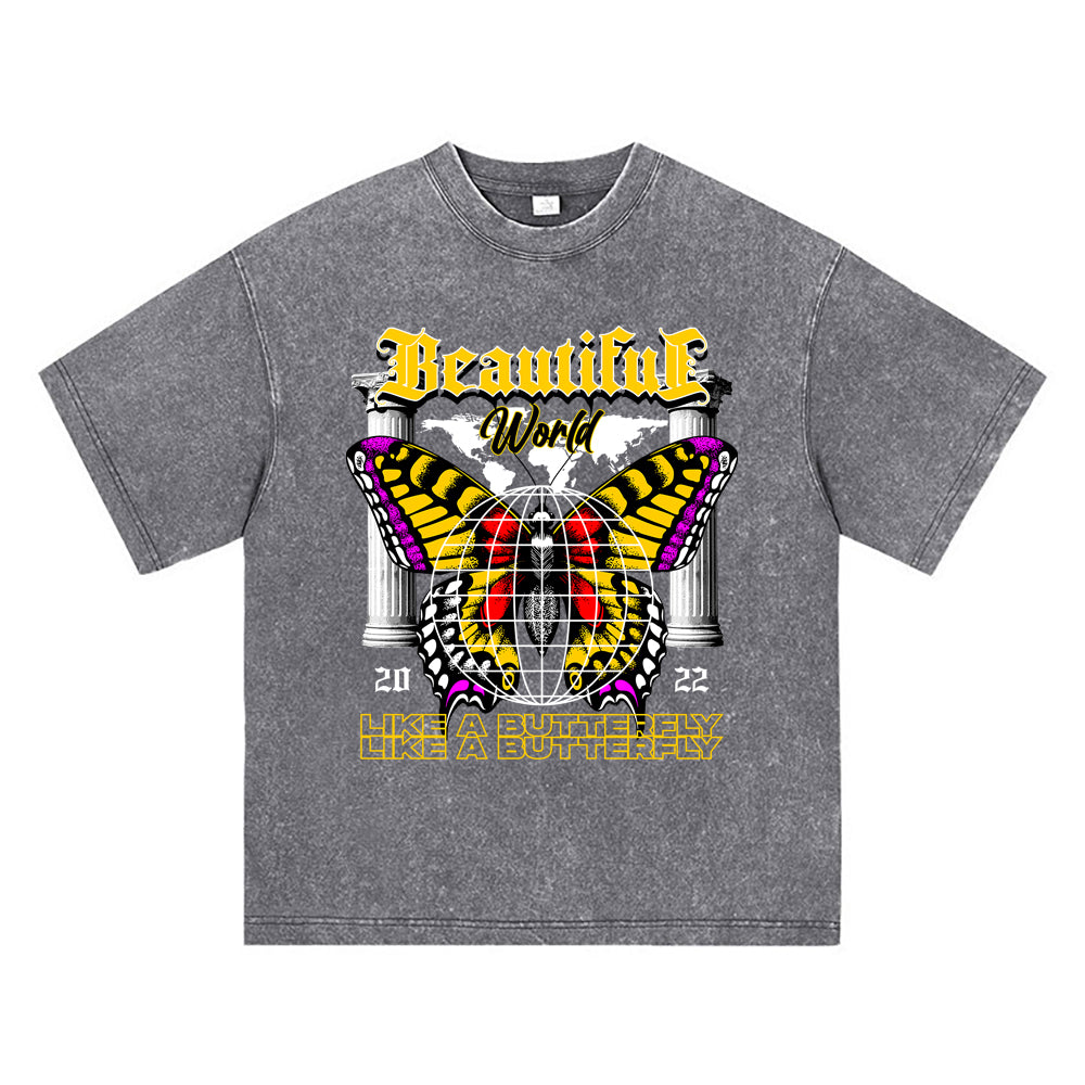 270GSM Heavy Cotton T-SHirt ACID Tees Washed Vintage T-Shirts Beautiful World Like A Butterfly DTG Print TShirts