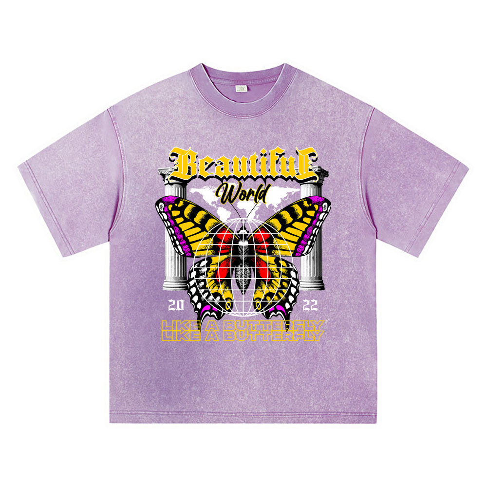 270GSM Heavy Cotton T-SHirt ACID Tees Washed Vintage T-Shirts Beautiful World Like A Butterfly DTG Print TShirts