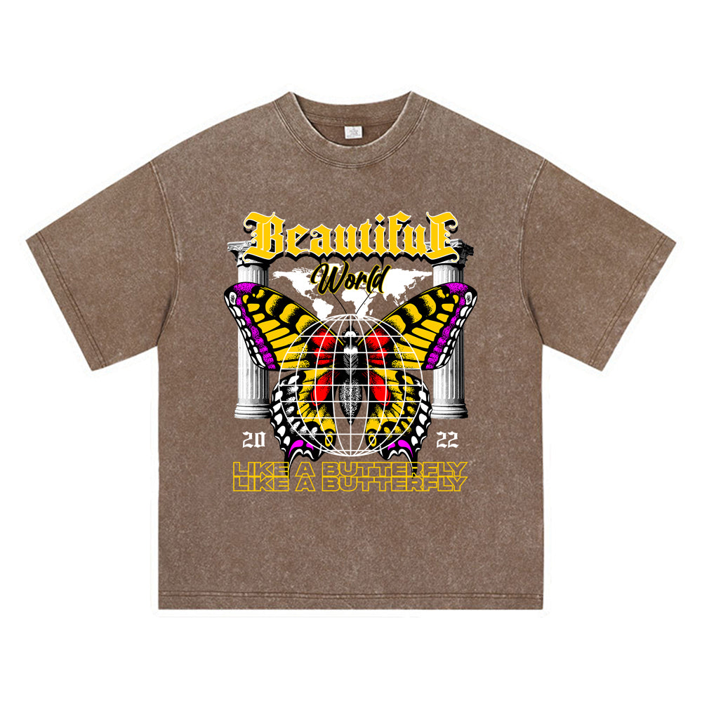 270GSM Heavy Cotton T-SHirt ACID Tees Washed Vintage T-Shirts Beautiful World Like A Butterfly DTG Print TShirts