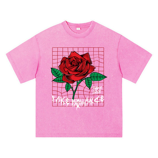 270GSM Heavy Cotton T-SHirt ACID Tees Washed Vintage T-Shirts Red Rose DTG Print TShirts