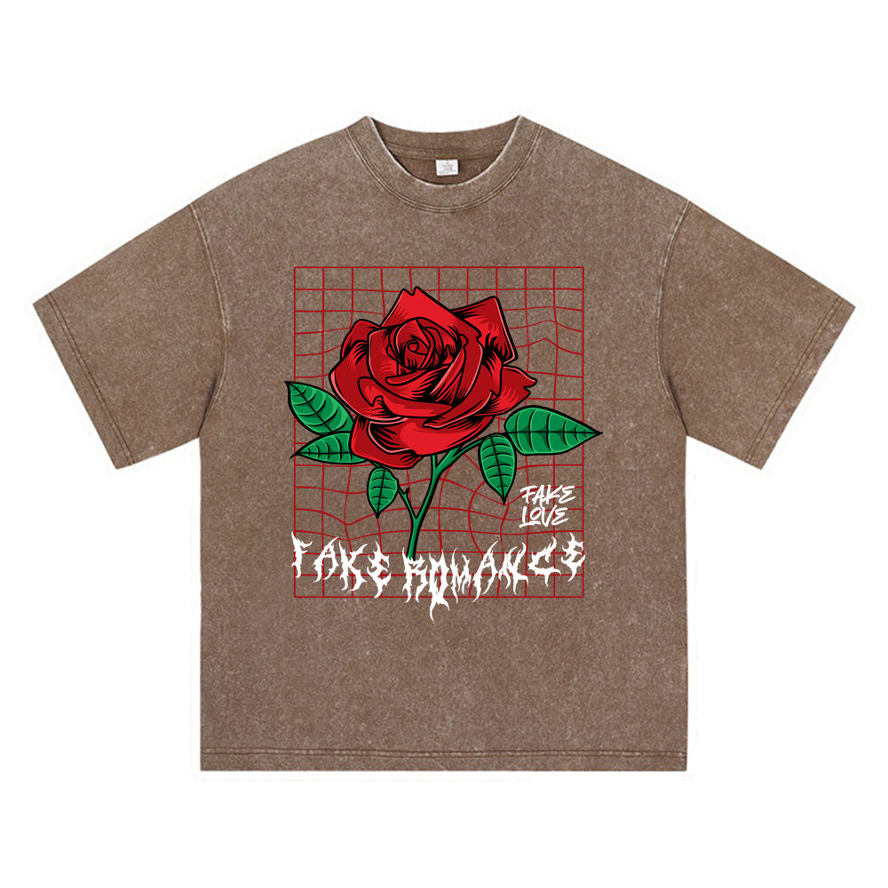 270GSM Heavy Cotton T-SHirt ACID Tees Washed Vintage T-Shirts Red Rose DTG Print TShirts