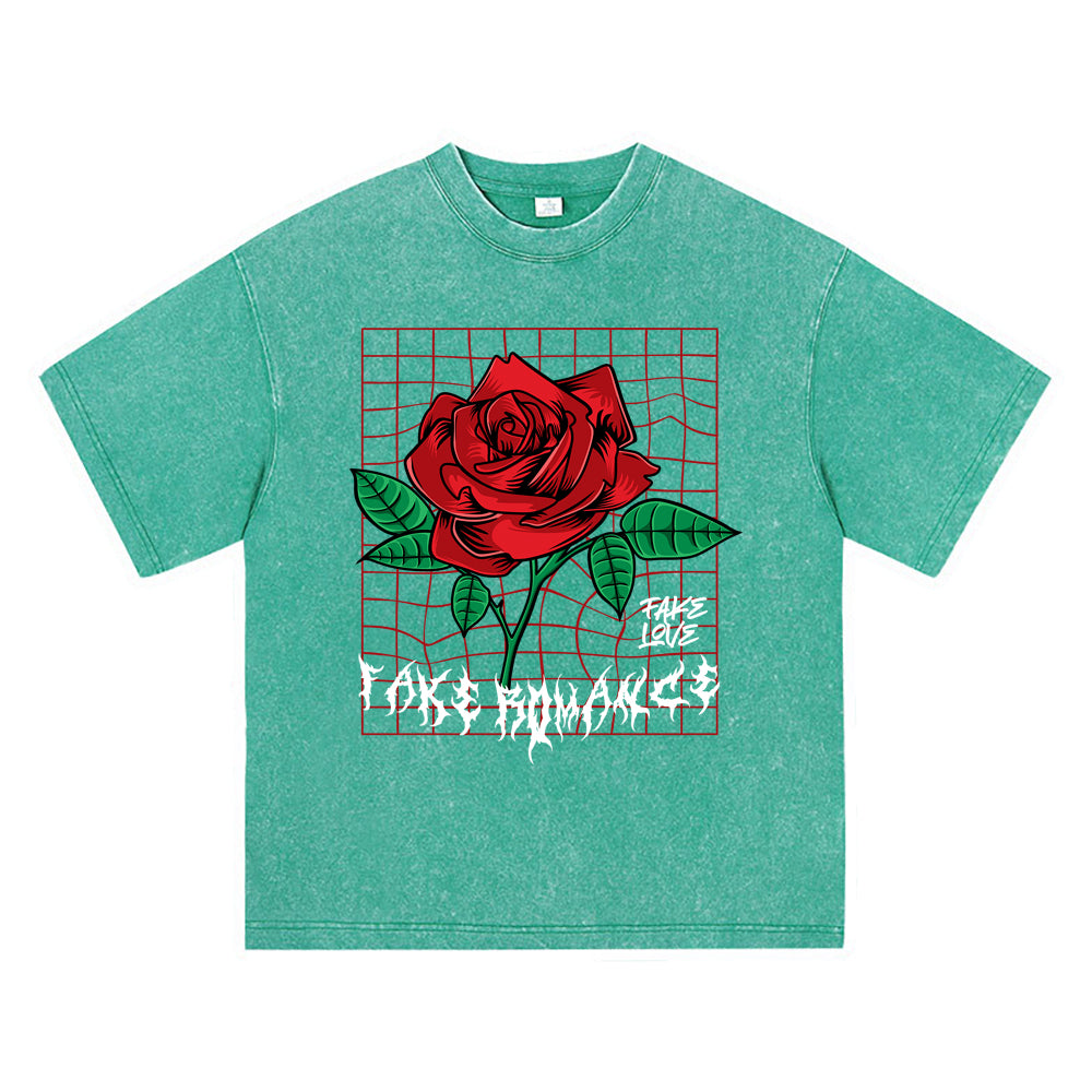 270GSM Heavy Cotton T-SHirt ACID Tees Washed Vintage T-Shirts Red Rose DTG Print TShirts